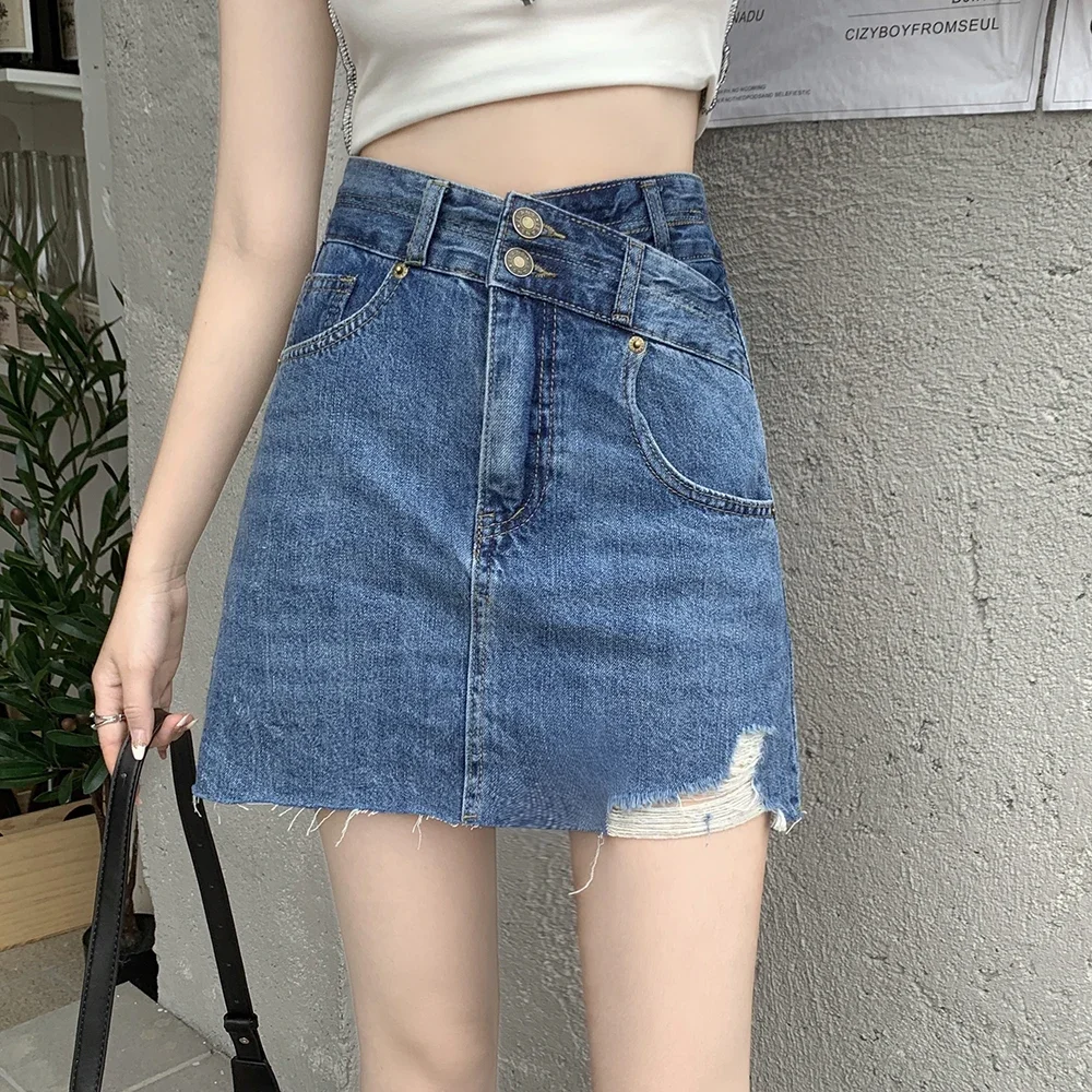 Frayed Skirts Women Denim Asymmetrical Washed Solid Slim Above Knee Elegant High Waist Spring Harajuku European Style Retro Chic