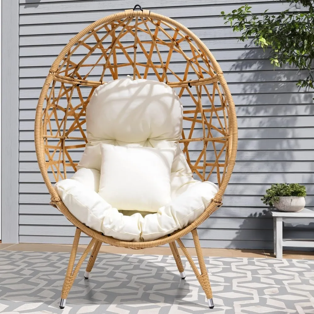 Patio Wicker Egg Chair with Cushion and Pillow,Oversized Rattan Hanging Basket Lounge Chair with Legs, Teardrop Cuddle