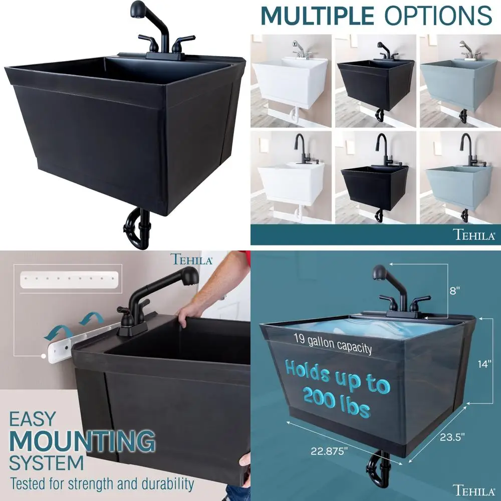 

Black Wall-Mounted Utility Sink Tub Kit with Pullout Faucet and Matte Finish for Home and Commercial Use