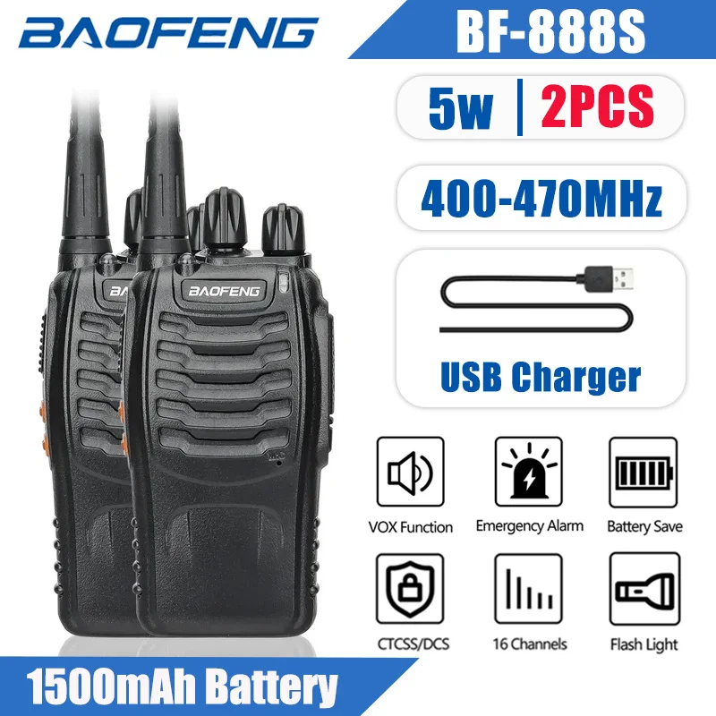 Baofeng-walkie talkie bf-888s, uhf 400-470mhz, carregador usb, rádio cb portátil, rádio em dois sentidos, 2pcs