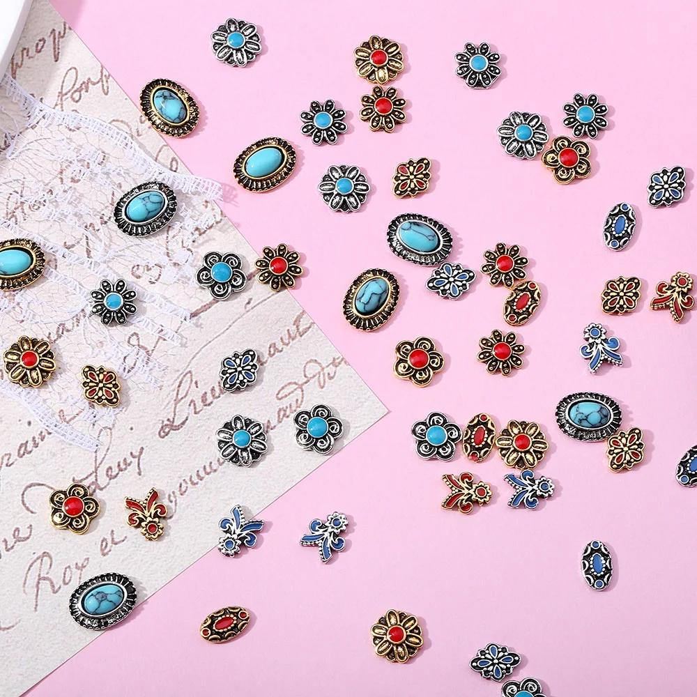 Vintage Bohemian Alloy Press Ons Nails Charms 3D Ethnic Enamel Drops Accessories For Wedding/Party DIY Nail Design Art Wholesale