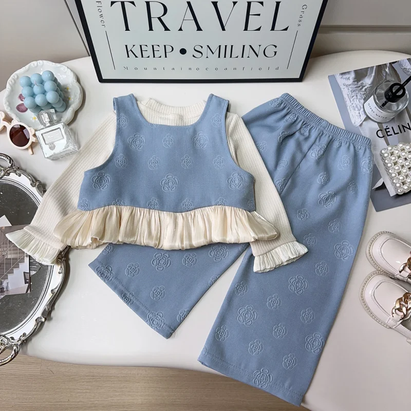

Girls' Sleeveless Vest Set Spring and Autumn New Fashion French Lace Vest and Long Pants Two-Piece Set