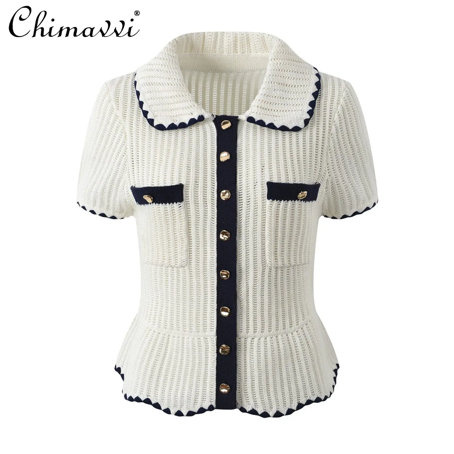 

2026 Spring and Summer New Fashion Color Block Ruffle Collar Single-breasted Top Elegant Women's Short-sleeve Knitwear