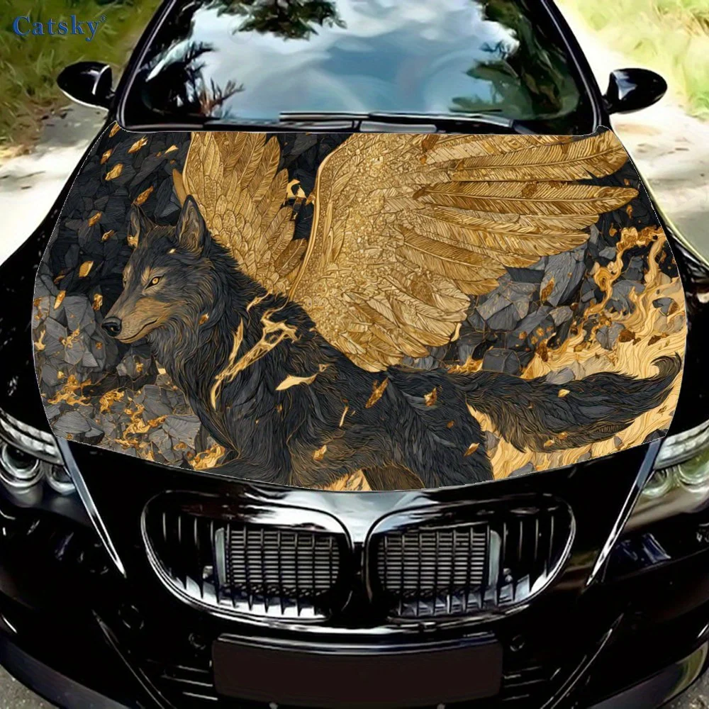 

Retro Golden Winged Black Wolf Car Hood Sticker, Personalized & Trendy Auto Art Decal, Self-adhesive Waterproof Car Exterior Vin
