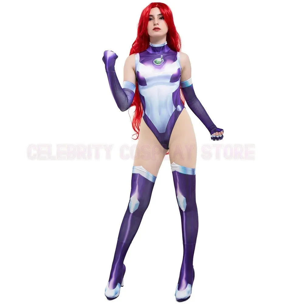 

Anime Starfire Teen Cos Titans Superhero Jumpsuit Adult Women Sexy Zentai Bodysuit With Gloves Socks Halloween Carnival Clothing