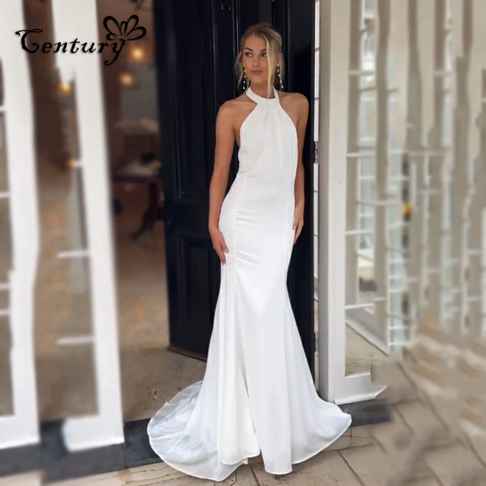 

Sexy Mermaid Wedding Dress Women Halter Neck Backless Crepe Beach Bride Dresses Boho Bridal Gowns Vestido De Novia Customized