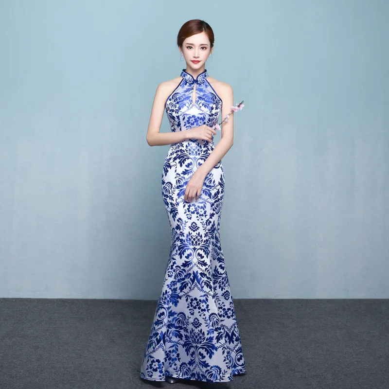 Ele Long 2025 Nowa Damska Sukienka Qipao Wiosenna Występowa Niebiesko-Biała Porcelana Rozmiar Plus Ele Qipao