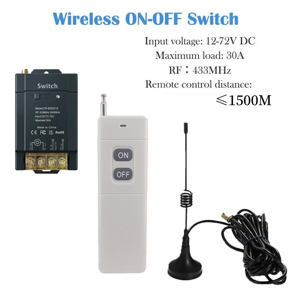 

RF433 Remote Control 30A 12-72V DC Switch Home High Power Wide Voltage Long-distance Control Wireless Electrical