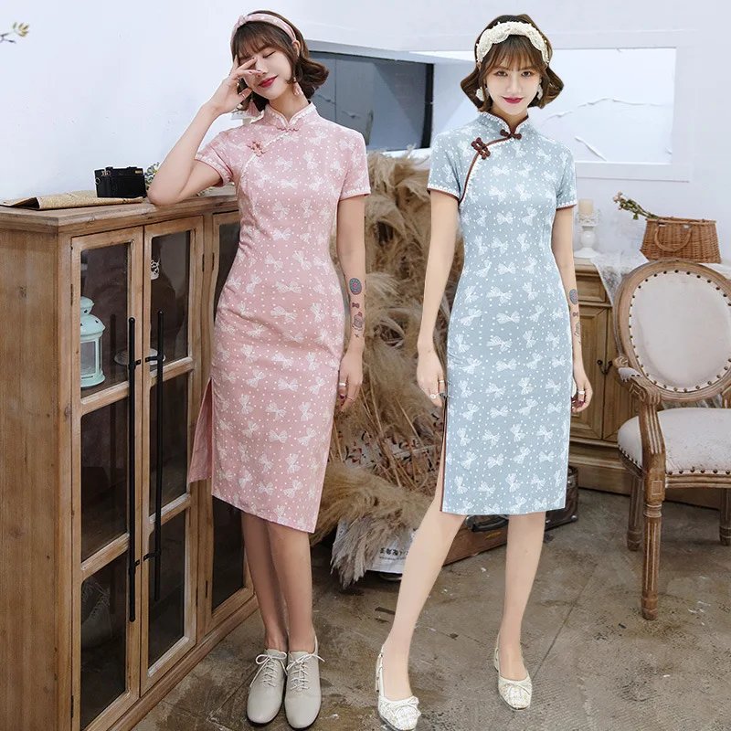 

Spring Summer New Print Women Qipao Short Sleeve Lady Social Etiquette Dress Female Catwalk Chinese Traditional Cheongsam