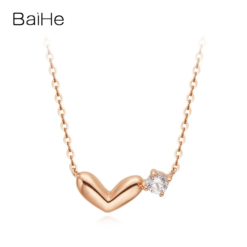 BAIHE Solid 14K Rose Gold 0.05ct H/SI Natural Diamond Heart Necklace for Women Engagement Trendy Fine Jewelry Colar Coração