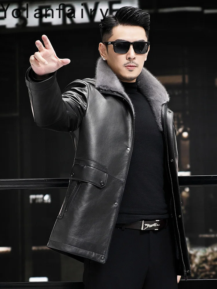 YOLANFAIRY سترة جلدية أصلية للرجال بقلنسوة شتوية فاخرة 2025 معطف بطانة من فرو المنك بالكامل معاطف دافئة من الفرو الحقيقي ملابس للرجال