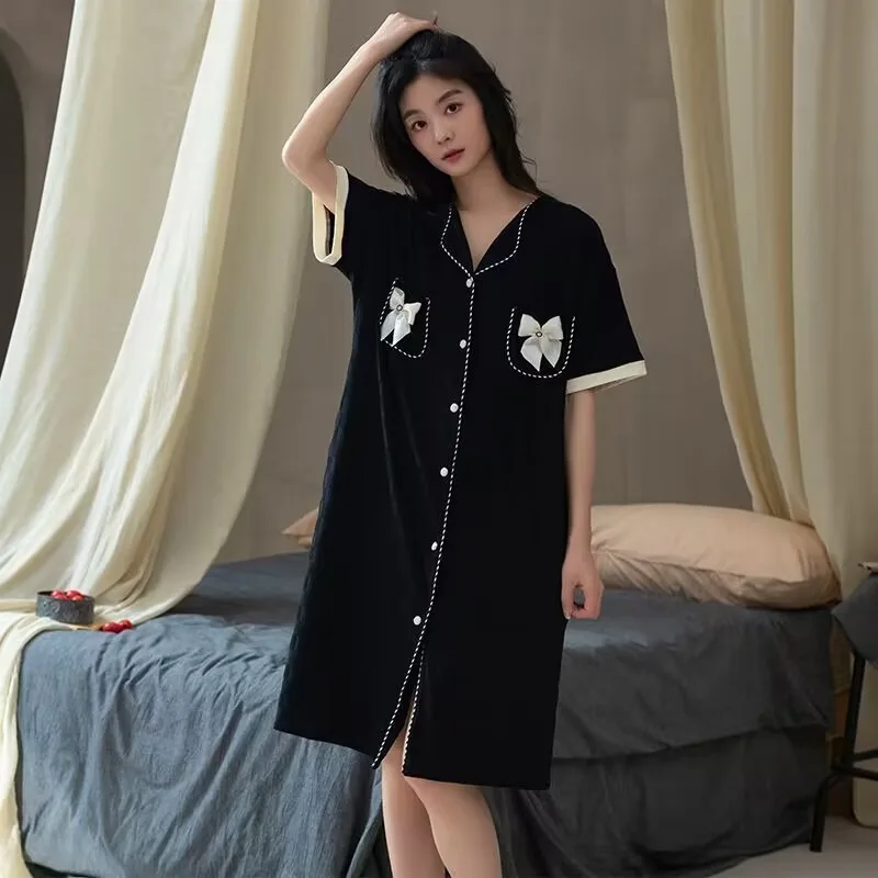 Sexy Nightdress Women's Short-Sleeved Cardigan Large Size Nightgown 2024 Summer Pajamas Female Lapel Mid-Length Casual Homewear