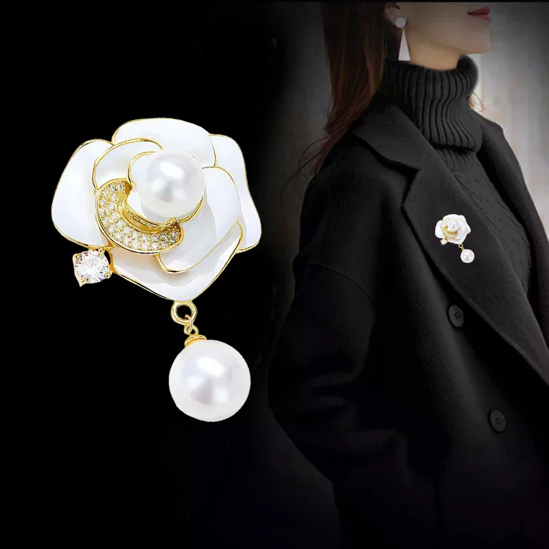 Elegant White Camellia Flower Brooches Pins For Women Beautiful Flower Plant Dressing Clothes Corsage Jewelry Accessories
