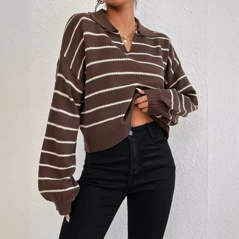

New Winter Loose Versatile Striped Turn-Down Collar Knitted Pullover Sweater Casual Layered Sweater Outerwear Top