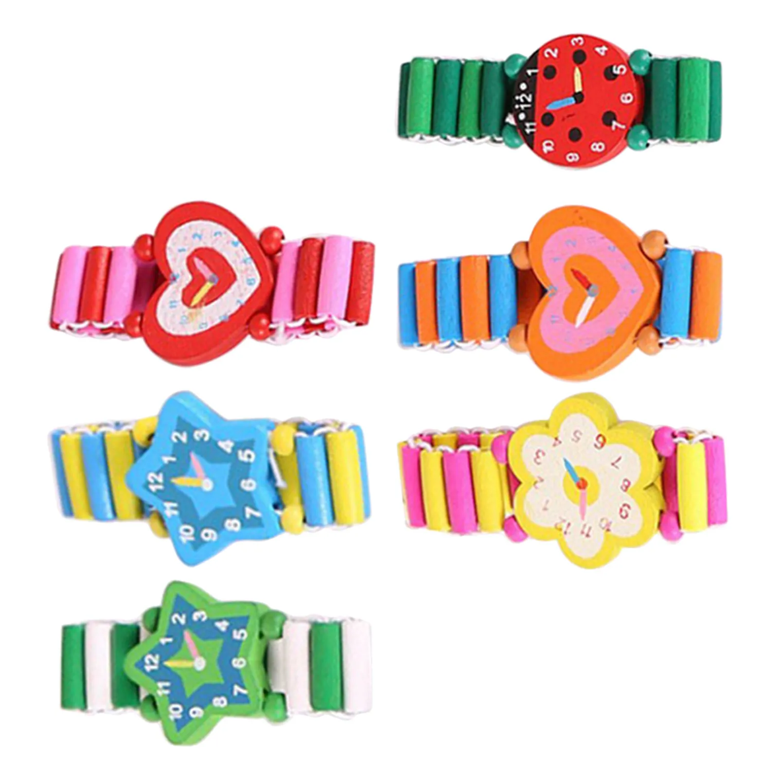 

Набор из 6 деревянных часов: имитация мультяшных наручных часов, безопасная экологичная краска, реалистичная модель из дерева