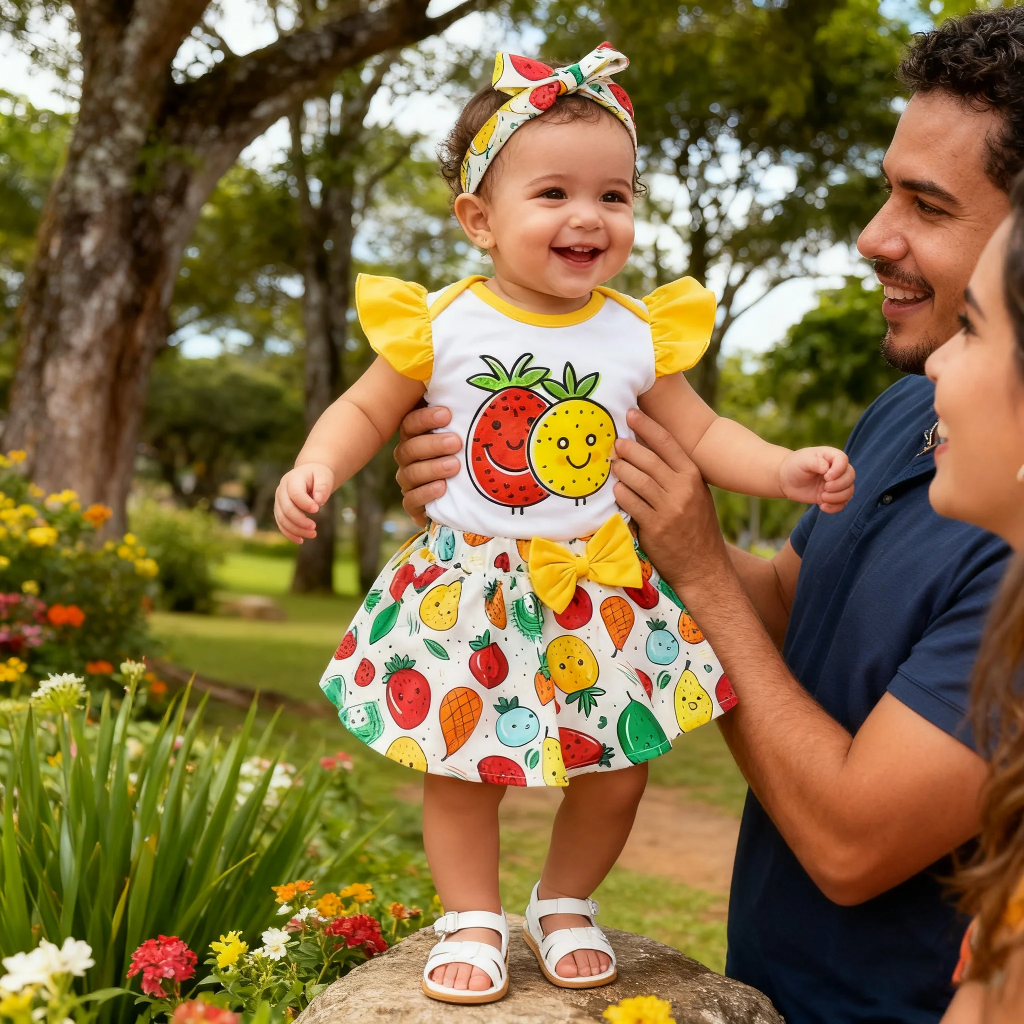 3-teiliges Set für Babymädchen: Rundhals-Body mit Fruchtmotiv + Rock mit Fruchtmuster und Schleife + Haarband, Sommer-Set, geeignet für Babymädchen im Alter von 0–12 Monaten, süßes Set. – Detail 1