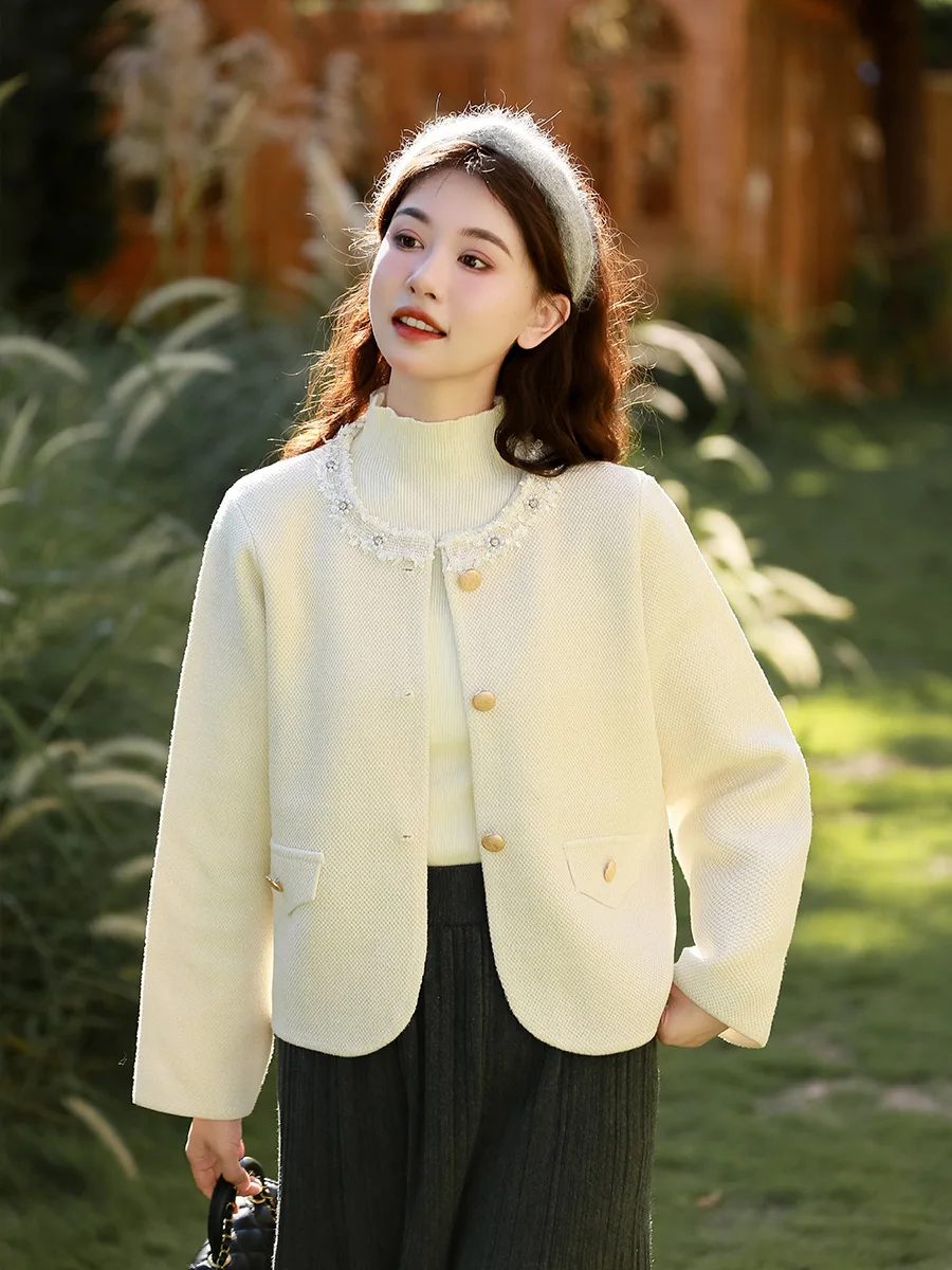 

Стильное белое короткое пальто для женщин с круглым вырезом, весенняя мода 2026, нежный стиль, топ в стиле Левого берега