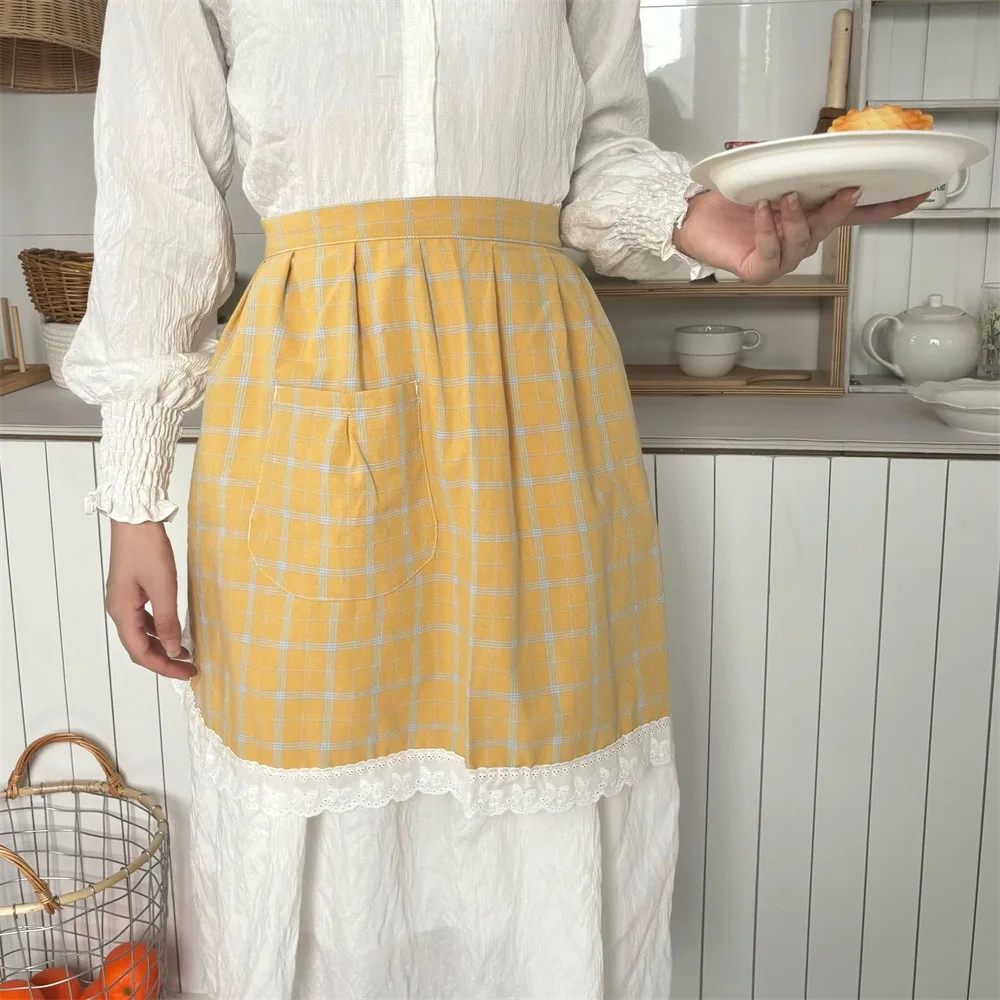 Durable Cotton Plaid Apron Elegant Anti-fouling Cooking Apron with Lace Oil-Proof Half Aprons Gardening