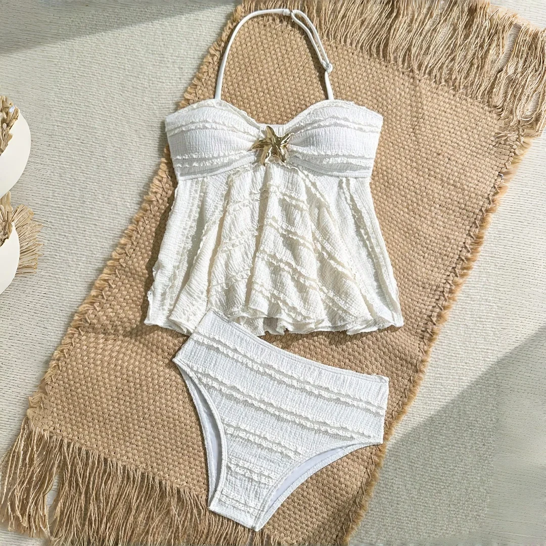 

Youth Girls' Swimsuit 2 Pcs Set Aged For 7 to 16 Children's Swimwear Color Blocked With Metal Flower Summer Girls Bathing Suit