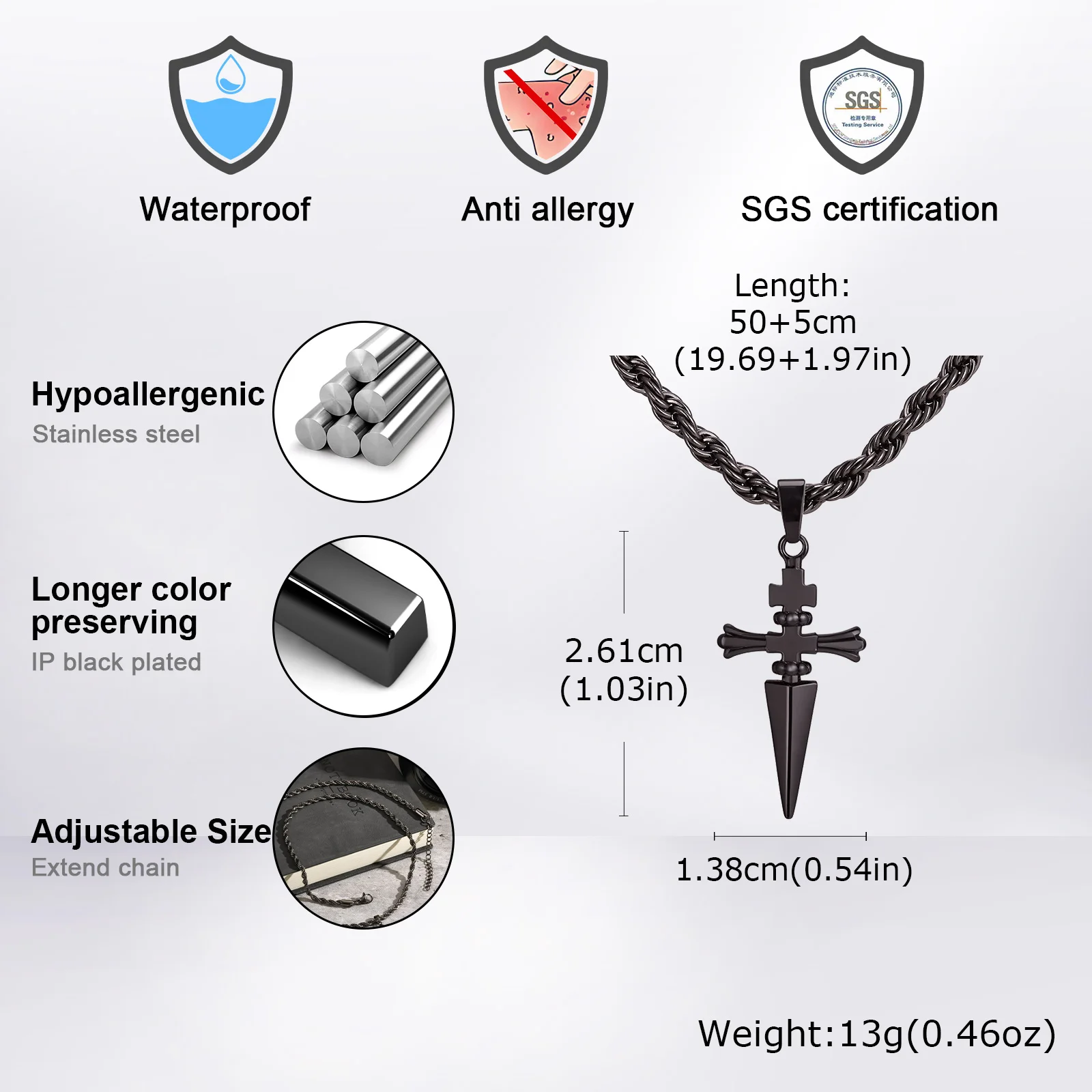 Coole Punk Schwert Kreuz Anhänger Halskette für Männer Edelstahl Twist Kette Halskette Mode Lässig Stil Schmuck – Detail 10