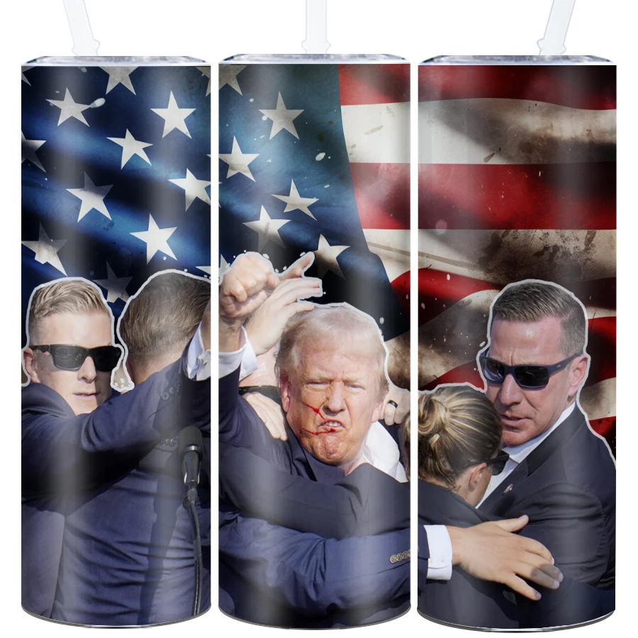 20oz Skinny Straight Coffee Tumblers Straw Lid 3D Print Trump Speech “Fight For The USA”Stainless Insulated Cups Home Party Gift