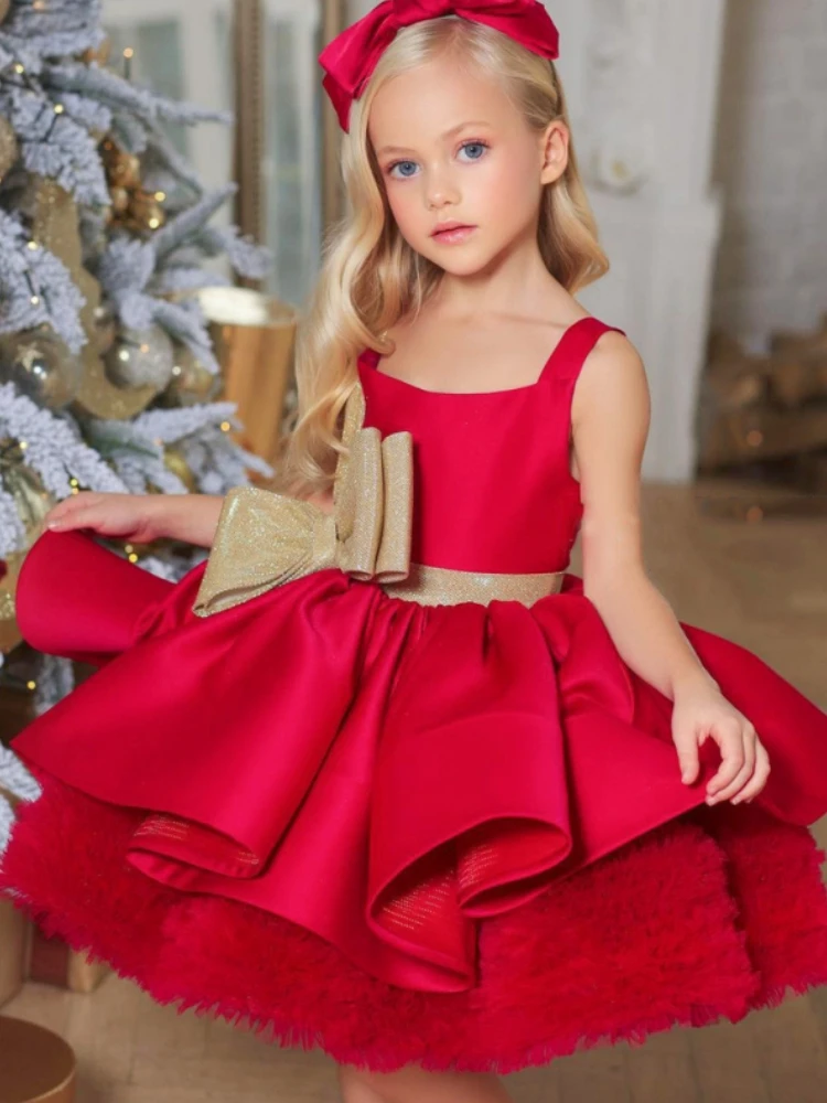 Red Flower Girl Dresses Satin Square Neck Sleeveless Big Gold Sleeveless For Wedding Birthday Party Banquet Princess Gowns