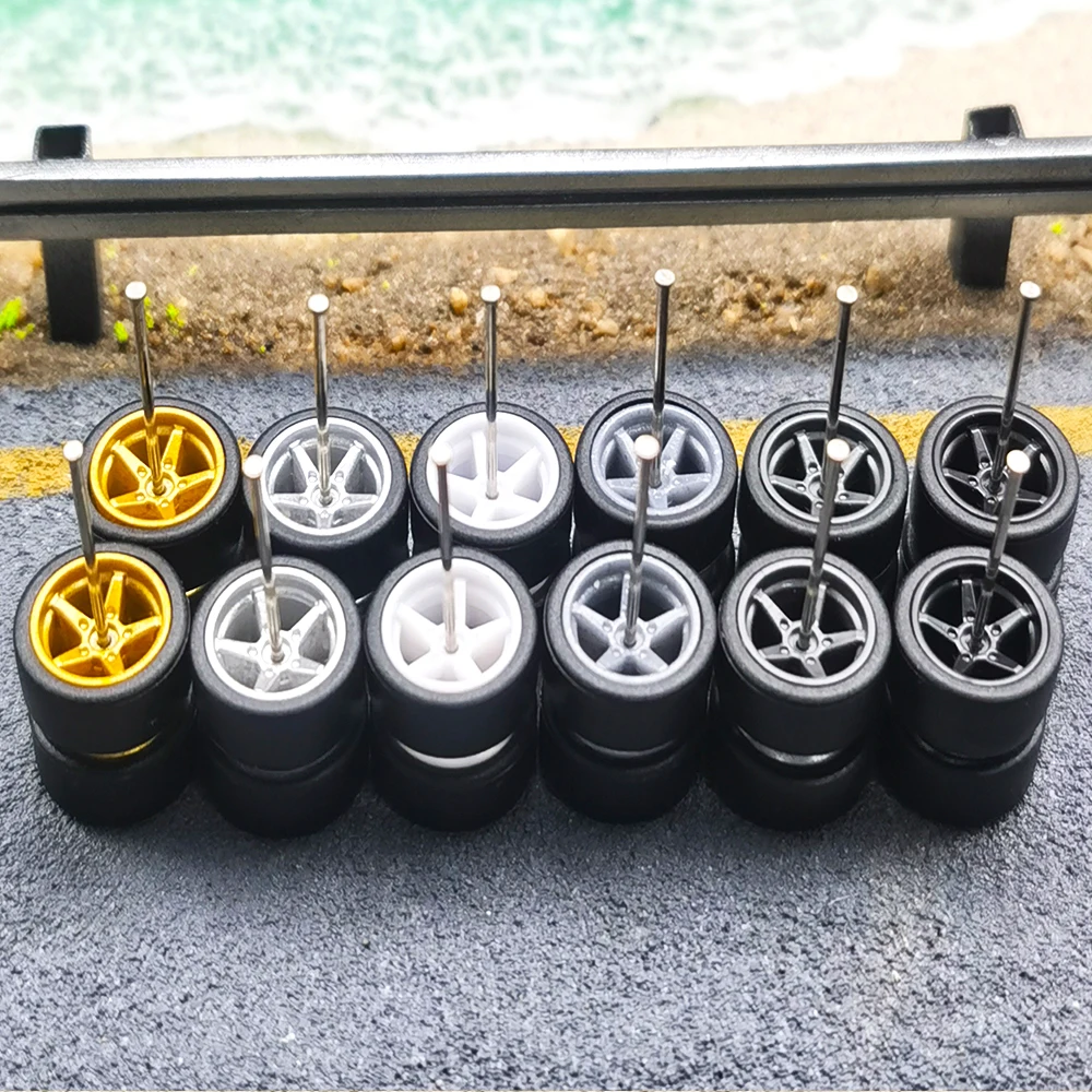 1/64 Wheels with Detachable Slicks Rubber Tires Pentagram Spoke for Toy Model Diecast Cars Refiting Parts for Hotwheels (5 Cars)