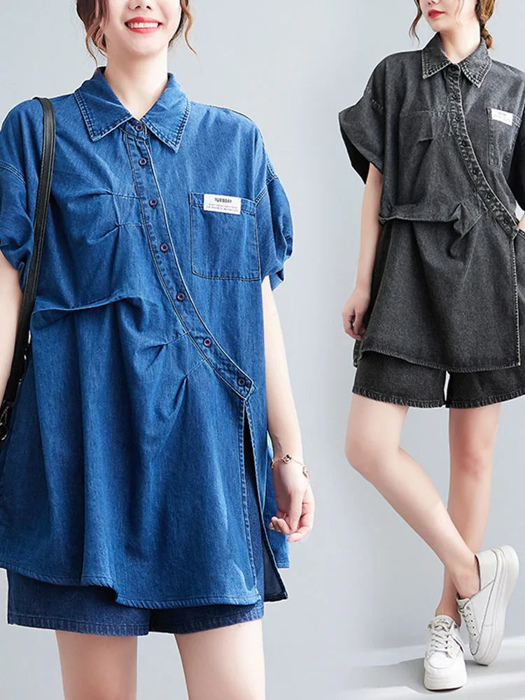 

Cowboy suit women's summer loose pleated shirt and wide leg shorts two-piece set Denim suit