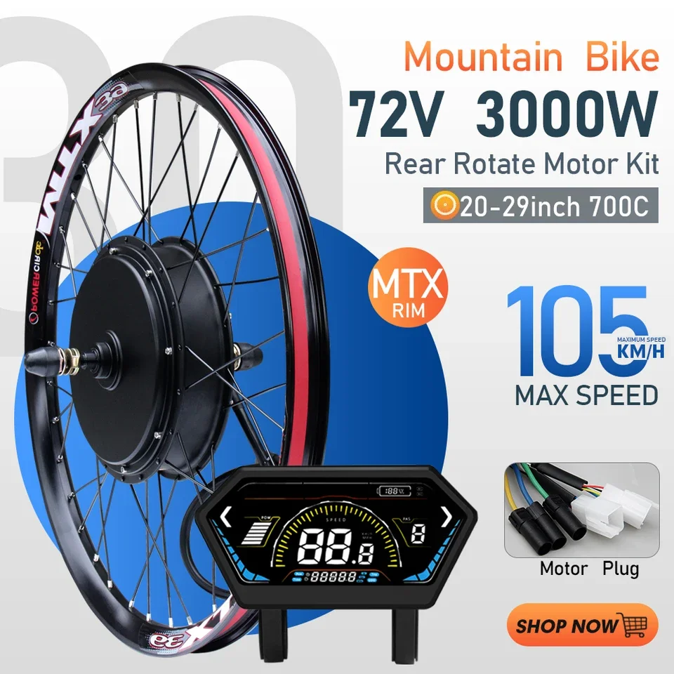 

MTX Ebike Conversion Kit 72V 3000W MAX Speed 105km/h Rear Brushless Non-gear Hub Motor Wheel 20-29inch/700C Electric Bike
