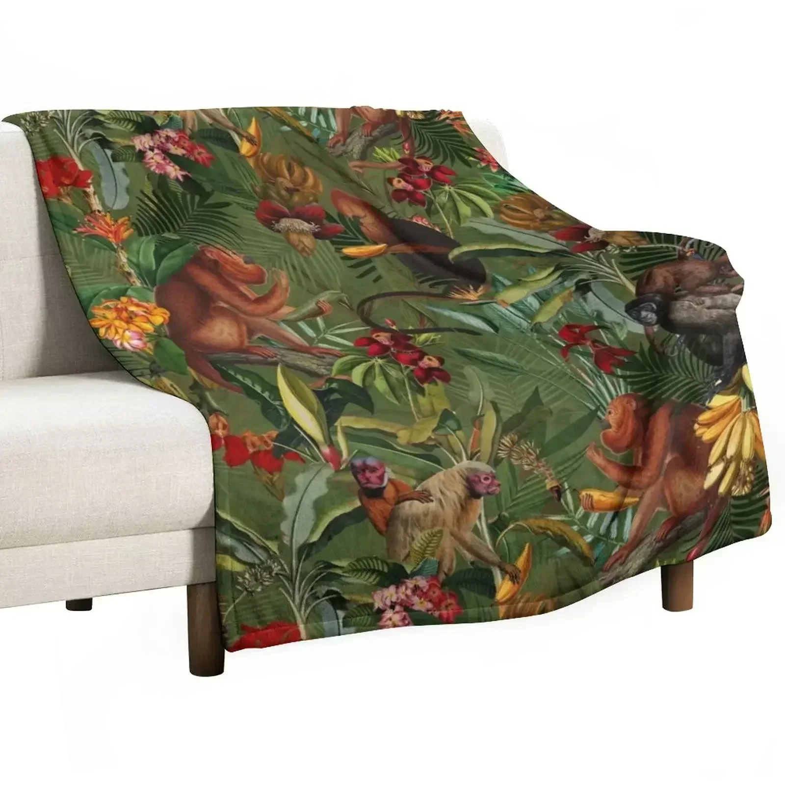 Tropical monkey jungle pattern - dark green Throw Blanket Luxury Throw Vintage Blankets