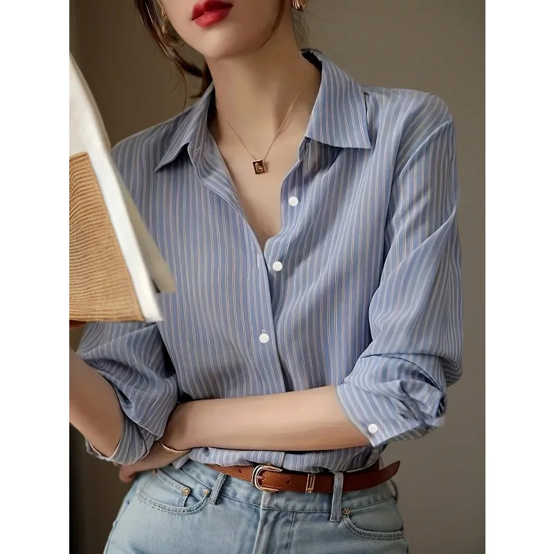 

Plus Size Women's Fashion Striped Shirt Long Sleeve Soft Chiffon Blouse Casual Loose Top For Daily Wear