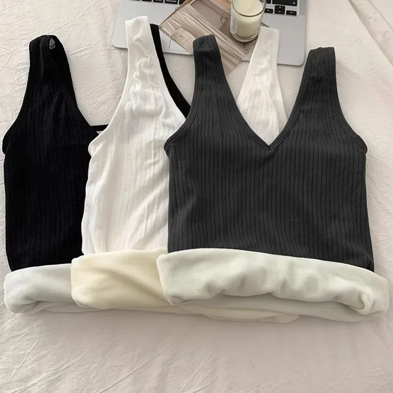 Thicken Autumn Warm Plush Base Tank Tops Sleeveless Solid Thermal Underwaist Vest FoFemale Winter Crop Tops Women\'s Shirt Camis