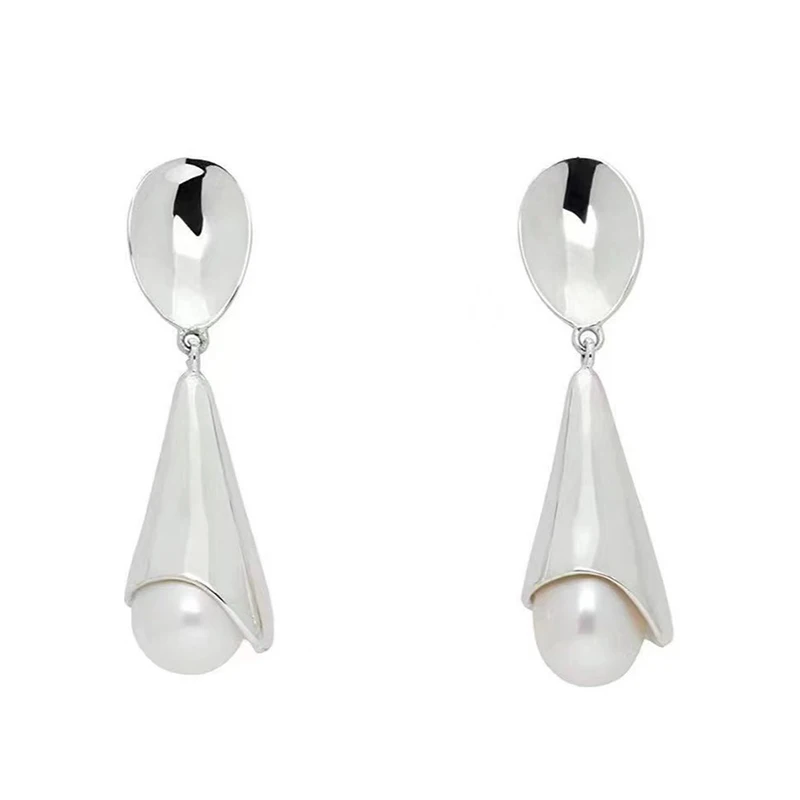 Foxanry Prevent Allergy Pearl Drop Earrings for Women Couples Korean Trendy Elegant Geometric Handmade Wedding Bride Jewelry