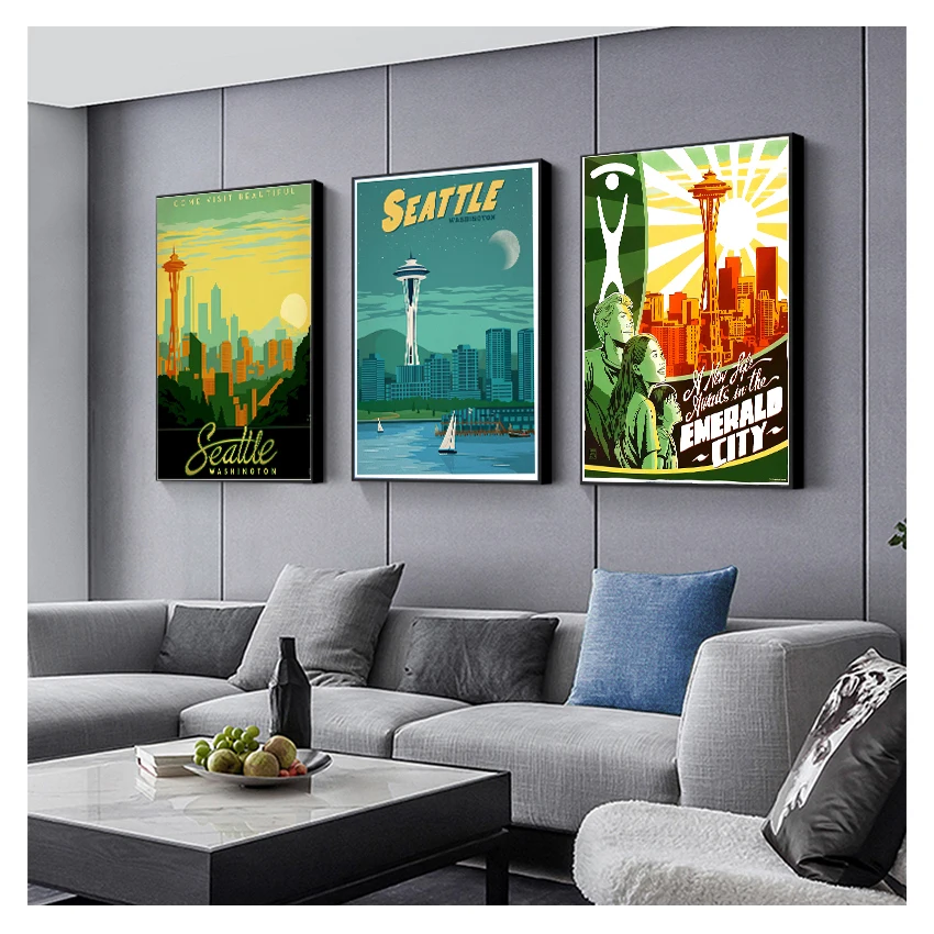 Travel Canvas Paintings Vintage Wall Kraft Posters Coated Wall Stickers Home Decor Gift United States Seattle City Washington