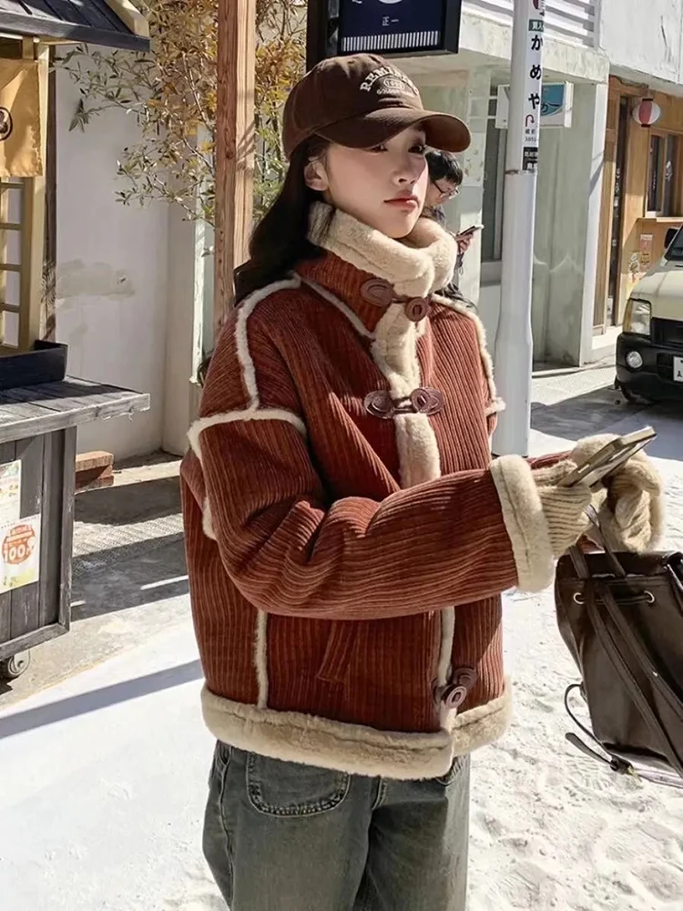 

Women Corduroy Cropped Parkas Winter Faux Woolen Fur Collar Patchwork Coats Vintage Button Thick Warm Casual Retro Short Outwear