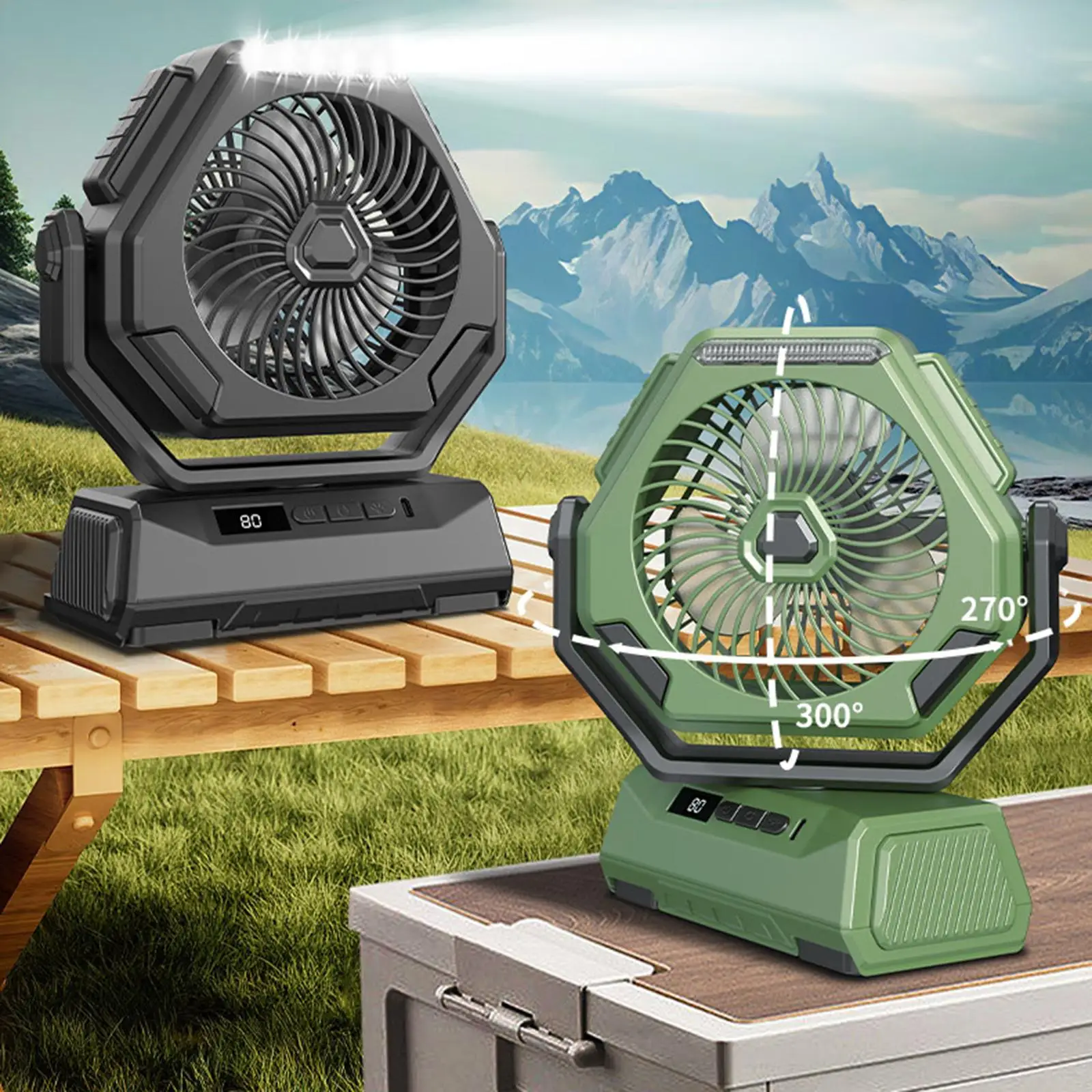 

Battery Operated Fan, Portable Rechargeable Desk/Camping Fan with LED Light and Hook, Outdoor Fan for Tent Car Trip