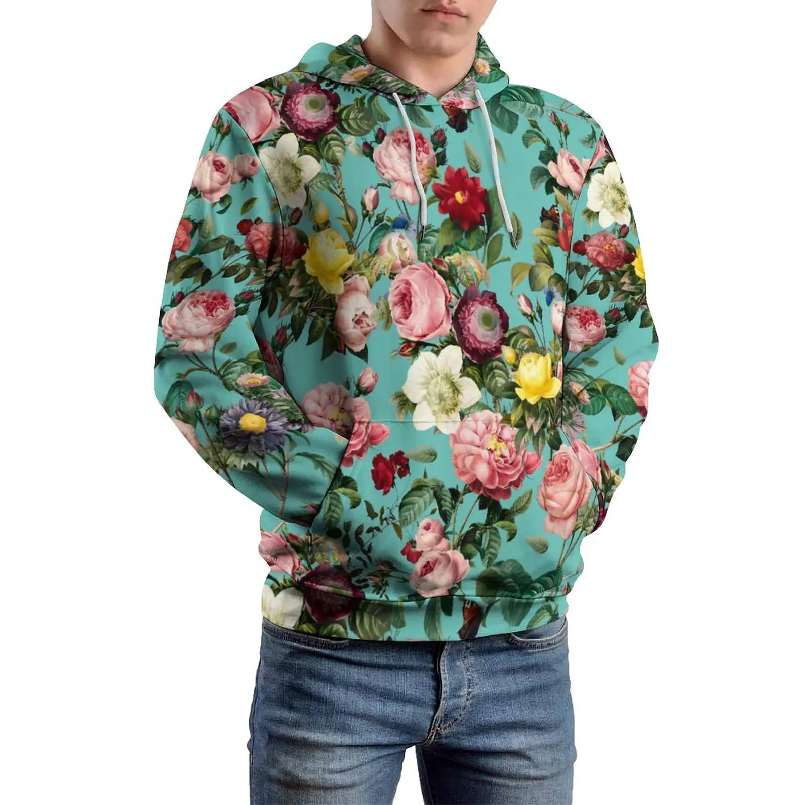 Rose Floral Print Casual Hoodies Vintage Flowers Loose Hoodie Couple Long Sleeve Cool Custom Tops Birthday Present