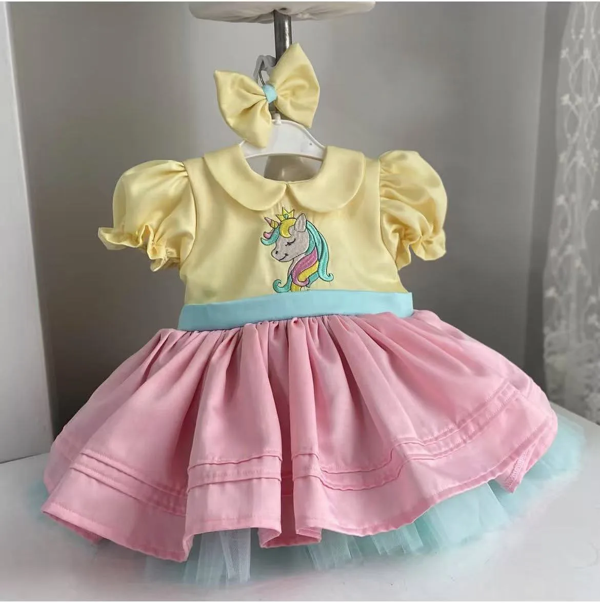

0-12Y Baby Girl Summer Pink Unicorn Embroidery Vintage Princess Ball Gown Dress for Party Eid Birthday Usual Photograph B319