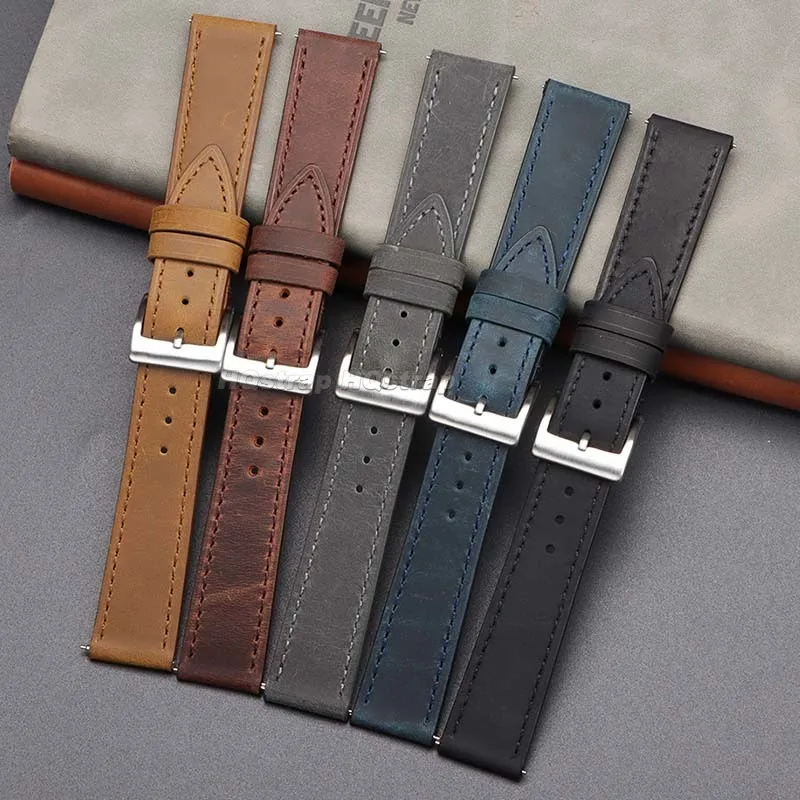 빈티지 가죽 스트랩 18mm 19mm 20mm 21mm 22mm 24mm 화웨이 GT2/3/4 소 가죽 퀵 릴리스 시계 밴드 수제 소프트 팔찌