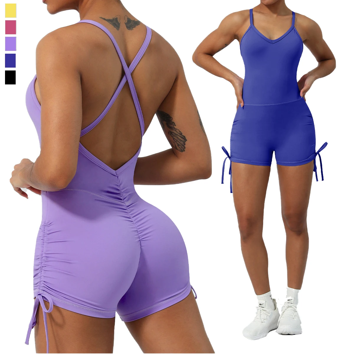 

Women Yoga Jumpsuit With Adjustable Drawstring Fitness One Piece Sports Playsuit Summer Stretch Women Gym Dance Running Bodysuit