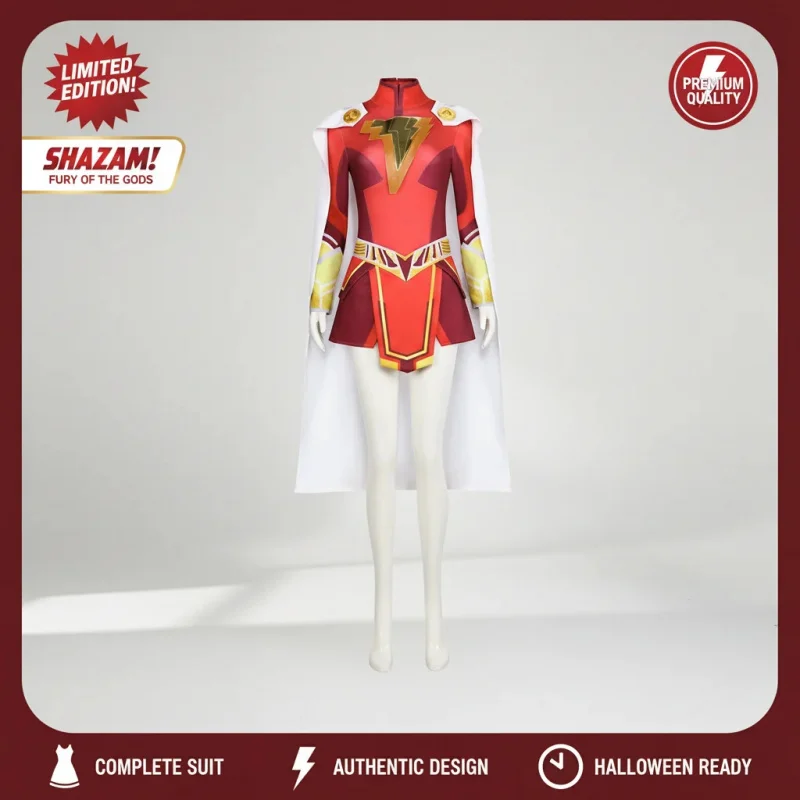 ▶❤Women Adult Mary Cosplay Costume Wig Fury Of The Gods Shazam Red Gold Superhero Suit With Cloak Halloween Jumpsuit❤◀