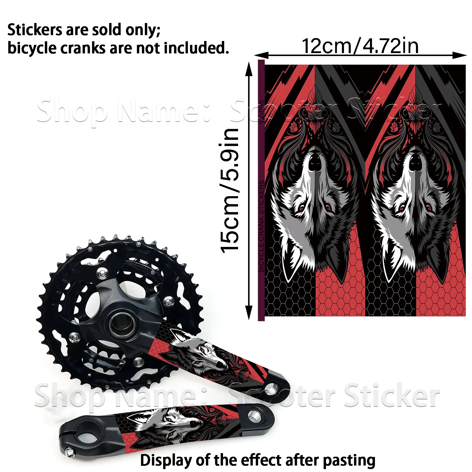 1Pair 2D Flat Red‑Black Wolf Head Vinyl Sticker, Waterproof Decal for MTB Road Bike Crank Arm, Holiday Gift