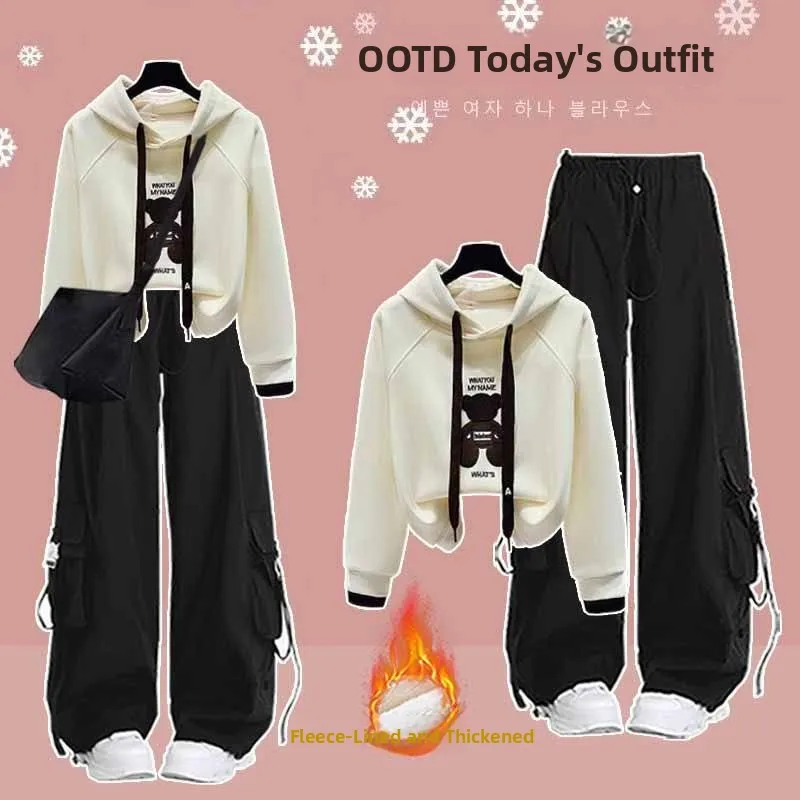 

Thickened Fleece Hoodie And Pants Set Women's Casual Sporty Loose Fit Autumn Winter Streetwear Style Two-Piece Suit for Teens