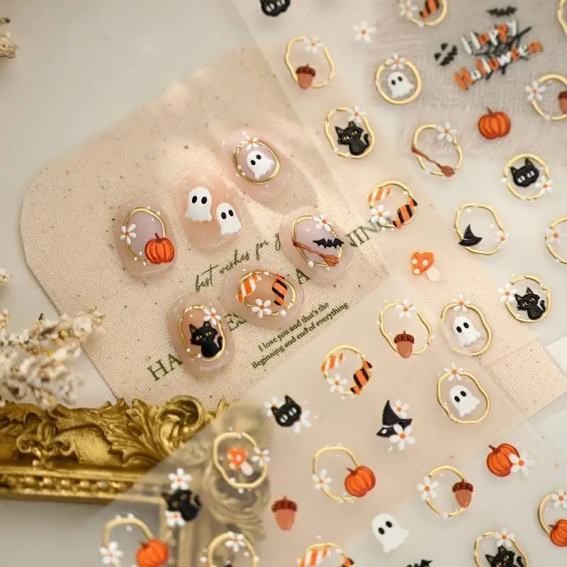 5D Embossed Nail Art Stickers Halloween Theme Ghost Pumpkin Cat Mushroom Pattern Gold Trim Self Adhesive Manicure Decals