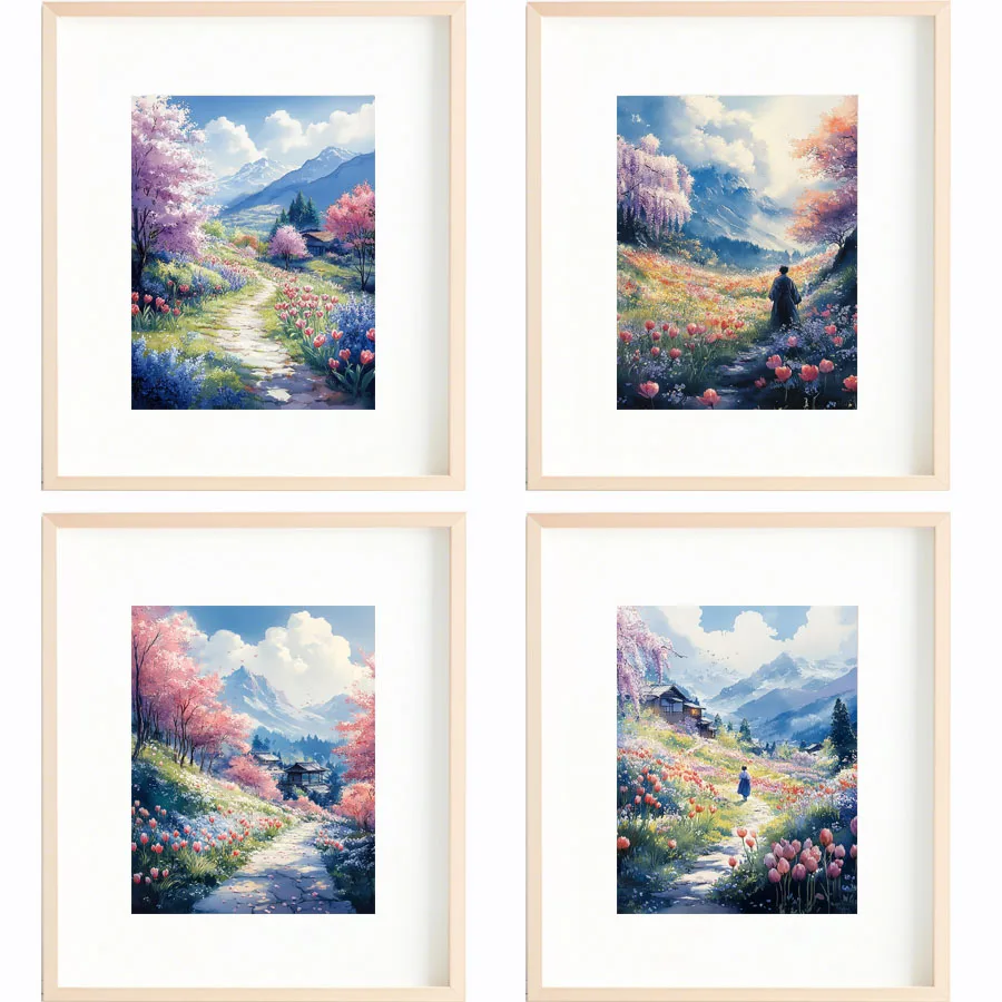 Spring flower field wisteria, tulips, and moss phlox Painting Wall Picture Anime Wall Deco Canvas Picture