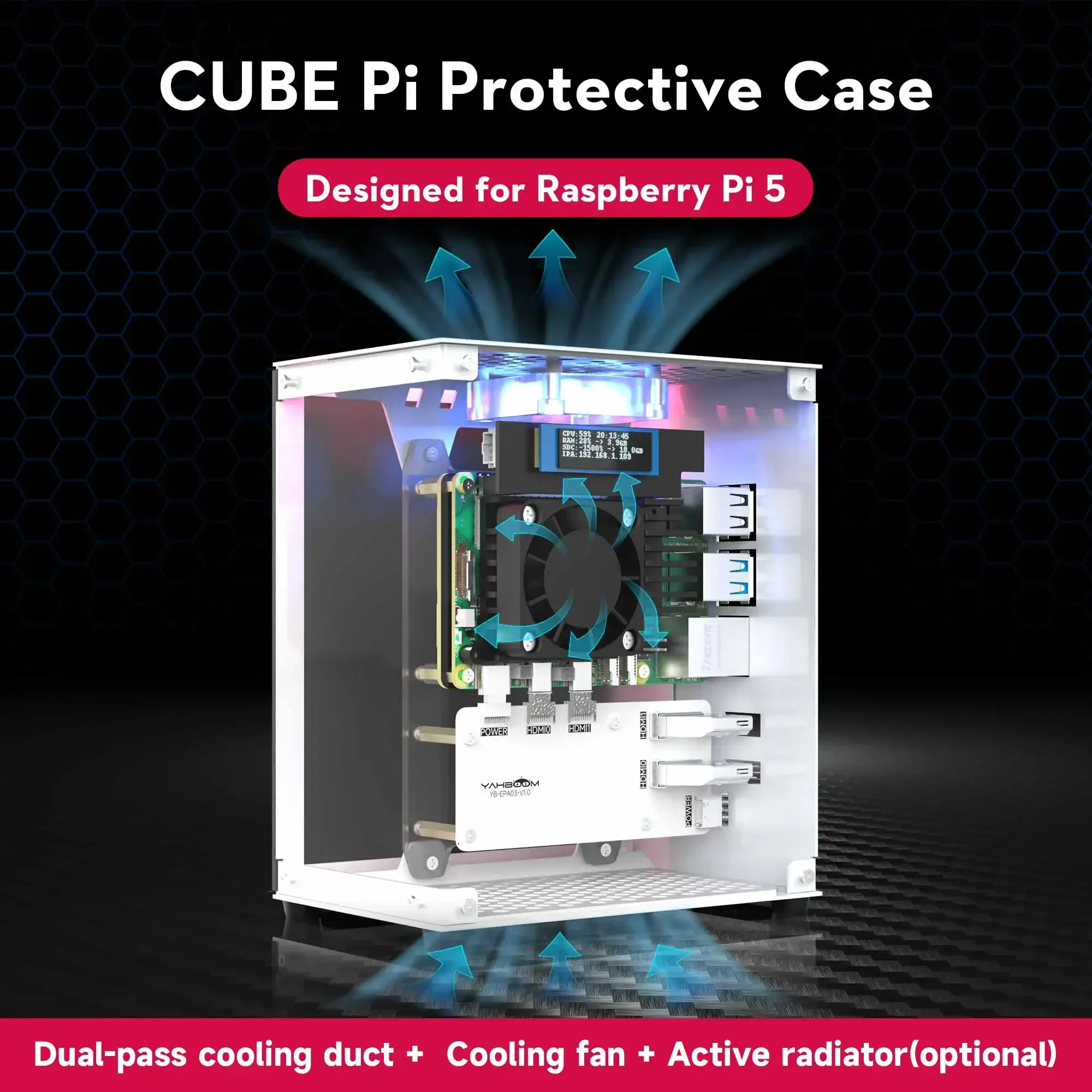 Raspberry Pi 5 CUBE Pi Protective Case with Cooling Fan and 0.91 Inch RGB Color Light Screen