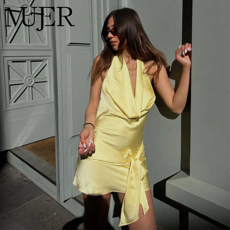 MUJER Satin Neckholder-Minikleid für Damen, schulterfreies, rückenfreies Kleid, sexy Partykleider für Damen, Sommerabend-Damenkleider