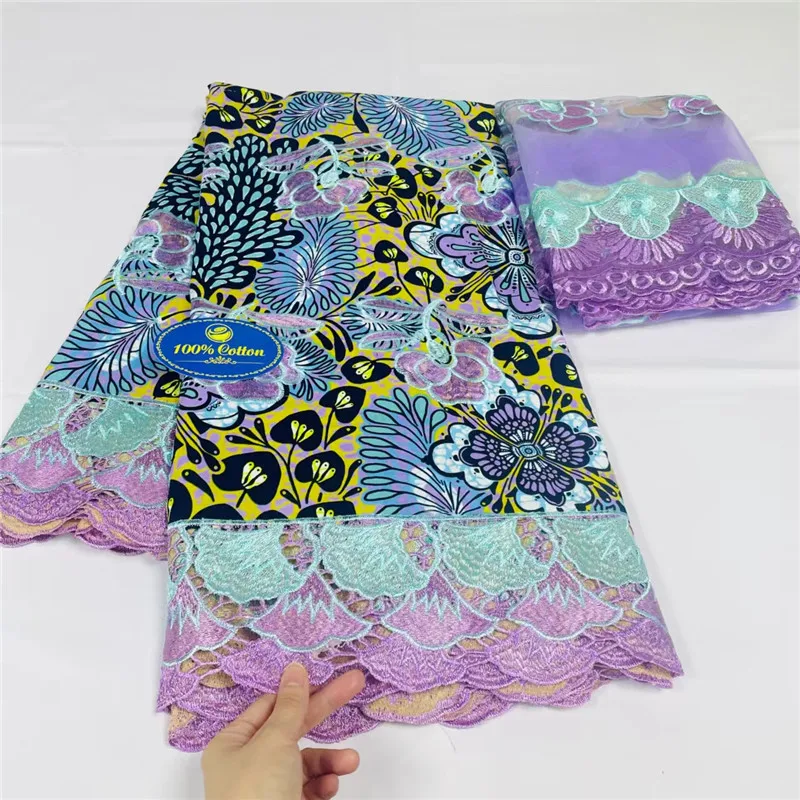 7 yard African Wax Brocade Lace Fabric Hight Qualiy 100% Cotton Ankara Wax Satin Print Lace Fabric For Woman Evening Dresses KL1