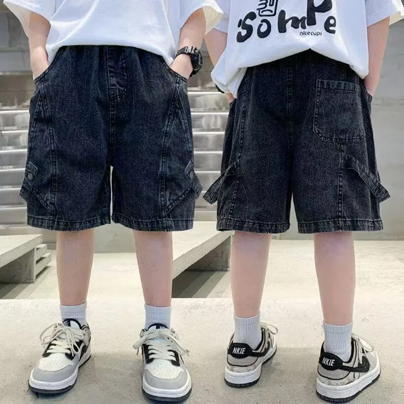 Boys Summer Denim Shorts 4-15 Years Casual Gradient Knee-Length Thin Cargo Sweatpants Kids Trendy Personalized Splicing Jeans