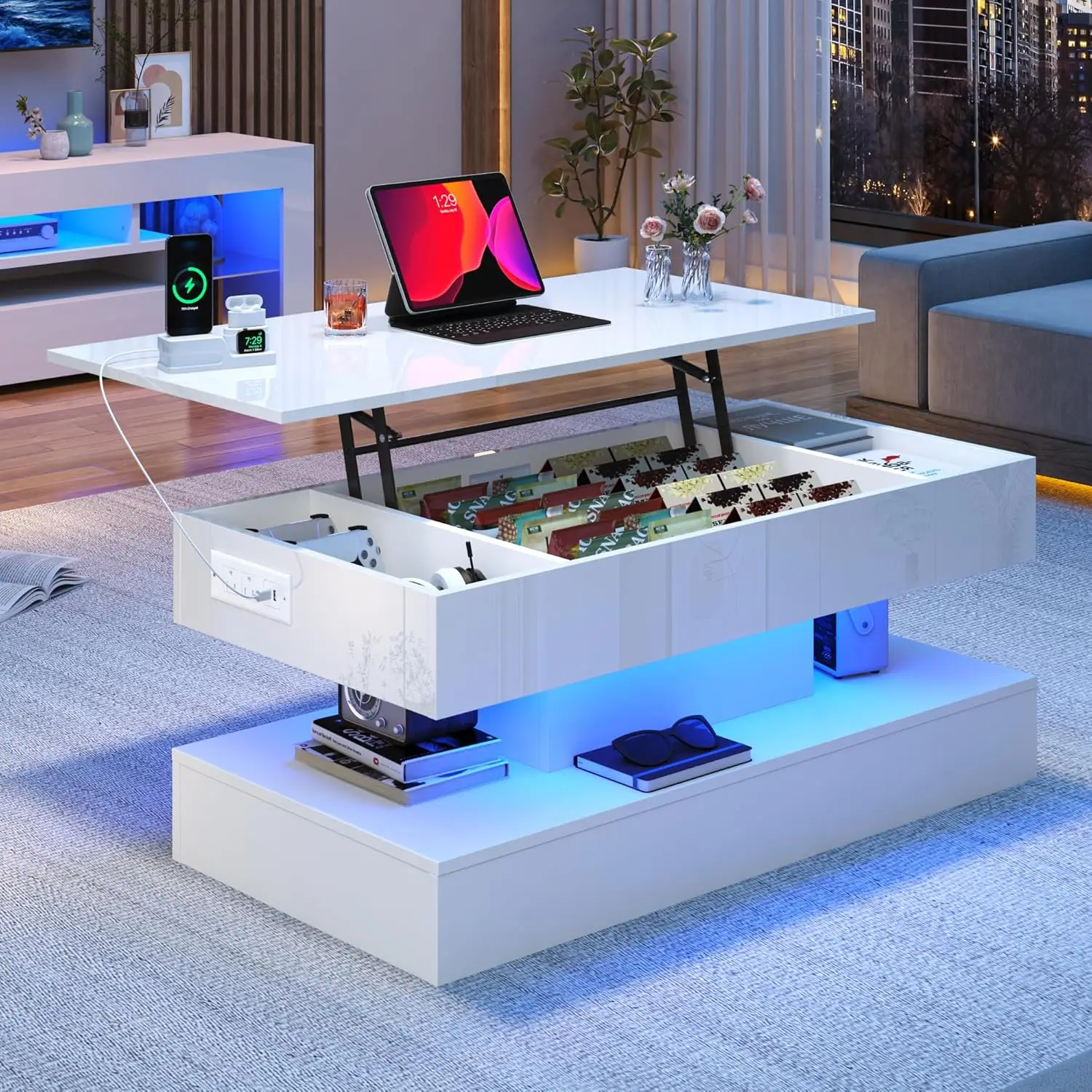 طاولة قهوة كبيرة مقاس 39.4 بوصة، طاولات قهوة حديثة عالية اللمعان LED لغرفة المعيشة مع مساحة تخزين، طاولات غرفة المعيشة باللون الأسود لـ